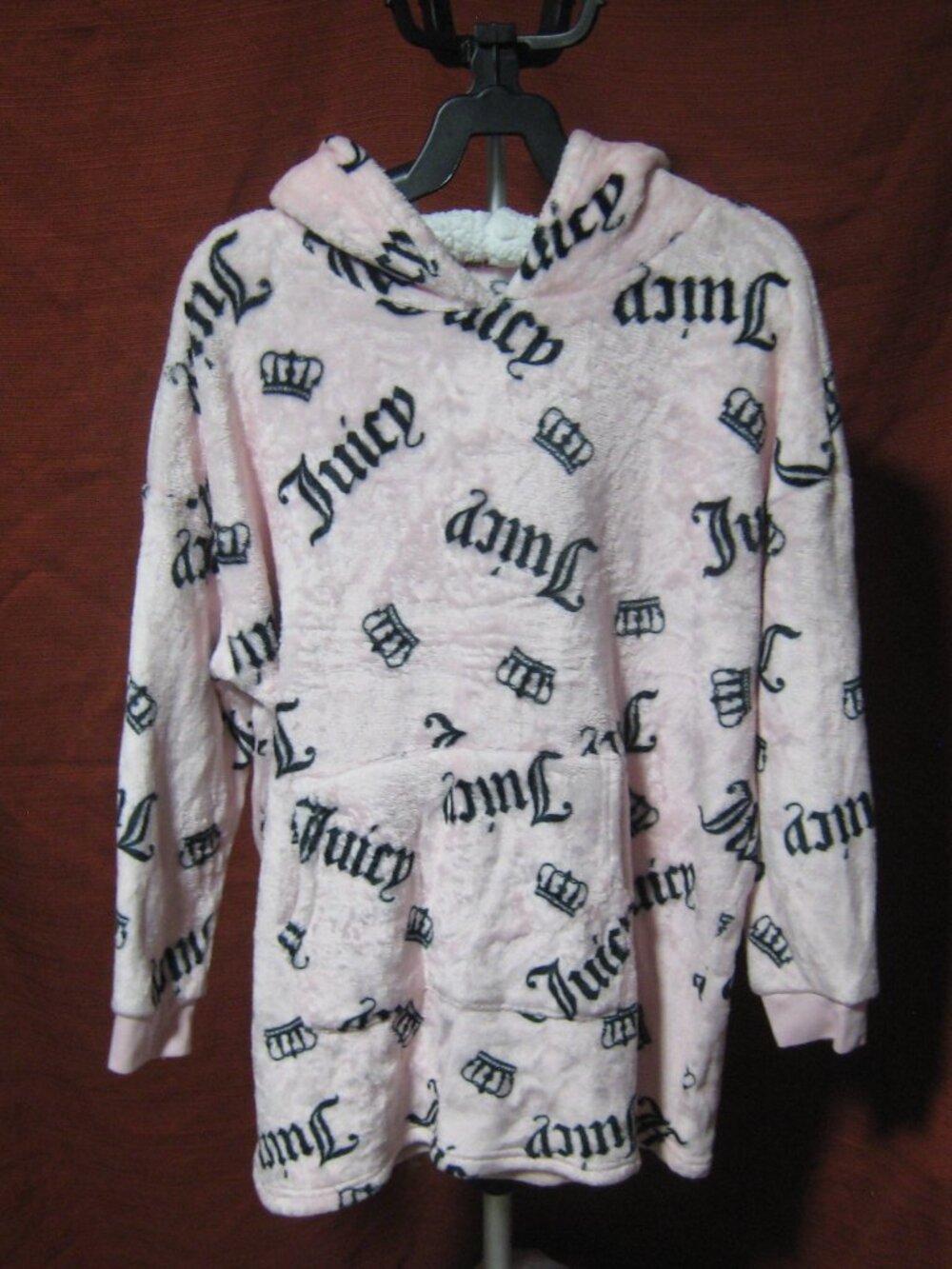 Juicy Couture Pink Black Crown Gothic Logo Plush Pullover Hoodie M/L Y2K